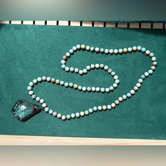 Amazonite Beaded Necklace w/ Large Faceted Crystal Pendant 17.5” Boho Statement - Picture 3 of 5